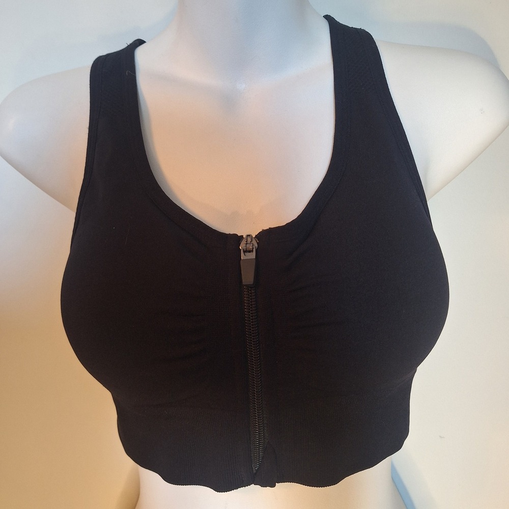 90 Degree by Reflex Black Front Zip Racerback Sports Bra Keyhole Cutout